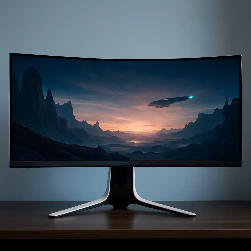 A digital photograph features a widescreen Alienware 38-inch curved gaming monitor with a sleek white frame and immersive ultrawide display setup on a gaming desk.