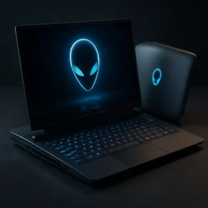 Alienware gaming laptop with a large screen displaying vivid graphics, set on a desk with colorful lighting in the background.