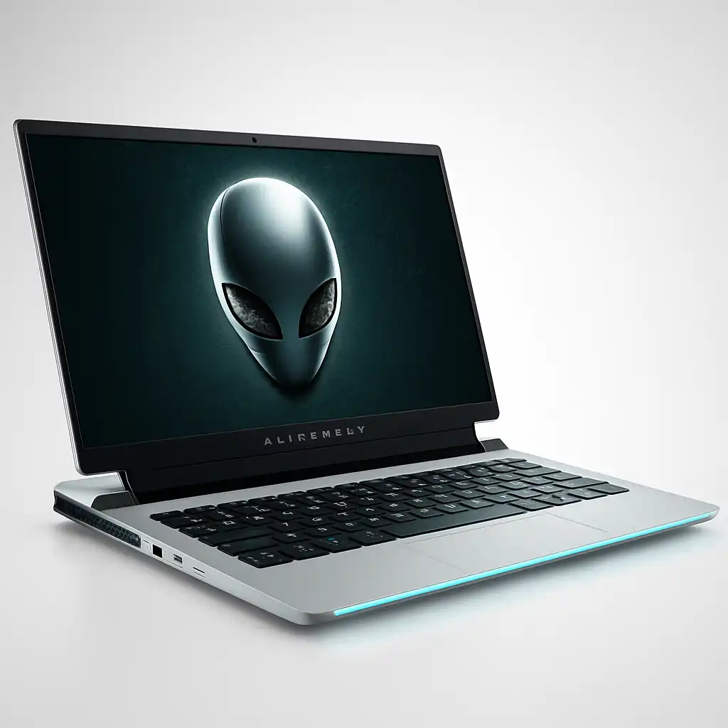 Alienware x14 R2 gaming laptop in Lunar Light color with RGB lighting and sleek 14-inch display on a minimalist background.
