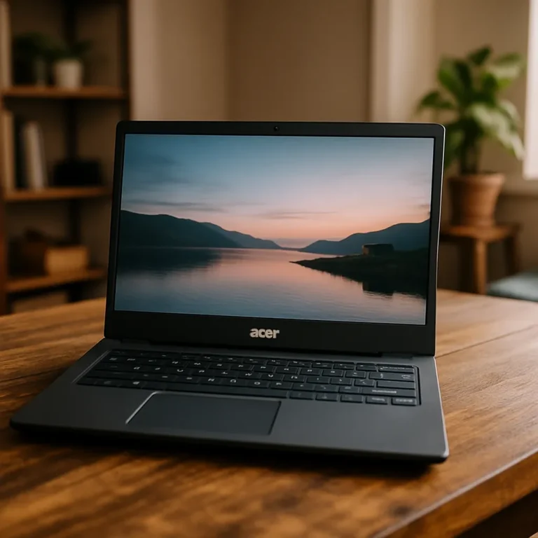 An Acer refurbished laptop placed on a clean white desk, with natural lighting from a nearby window highlighting the keyboard and screen.