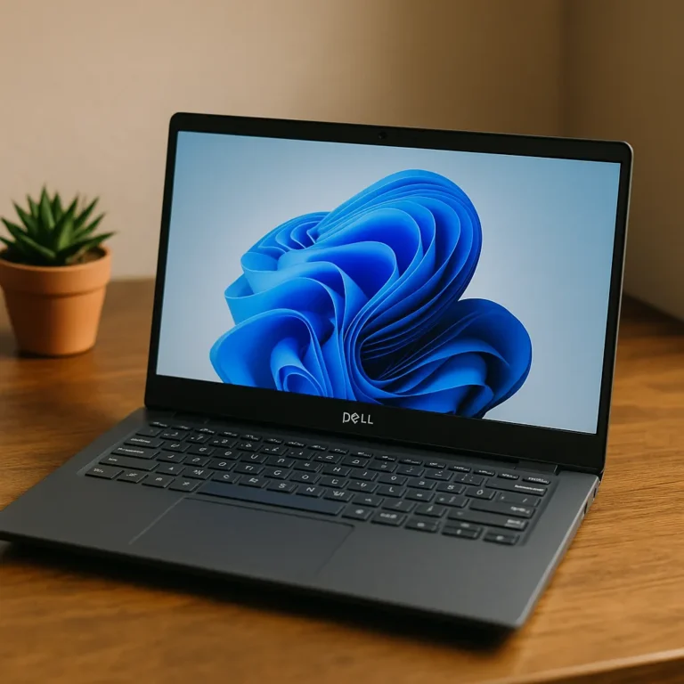 A Dell laptop sits on a wooden desk with a green succulent plant nearby, displaying the Windows 11 home screen.