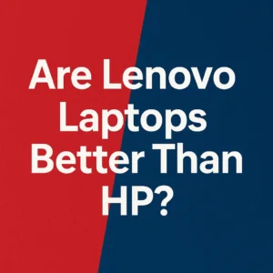 A digital graphic design image features text overlay comparing Lenovo and HP laptops, with a vibrant tech background.