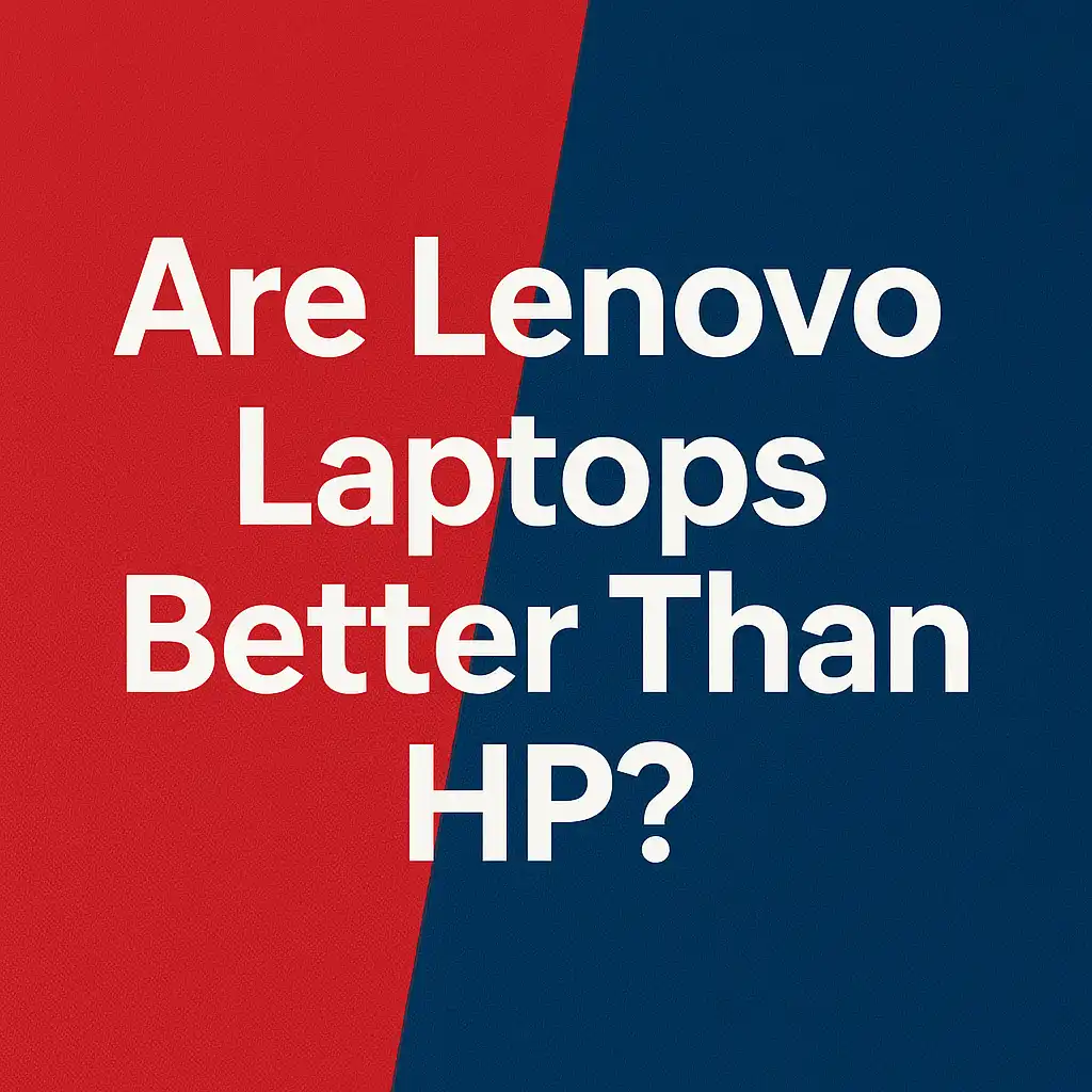 A digital graphic design image features text overlay comparing Lenovo and HP laptops, with a vibrant tech background.