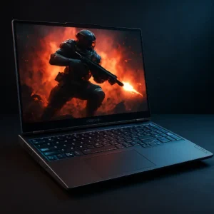 A Lenovo Legion gaming laptop placed on a desk with colorful LED lighting in the background.
