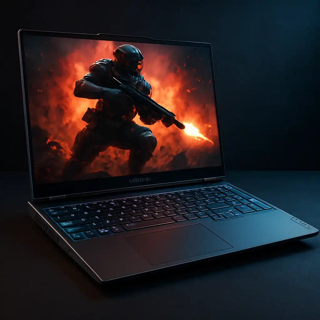 A Lenovo Legion gaming laptop placed on a desk with colorful LED lighting in the background.