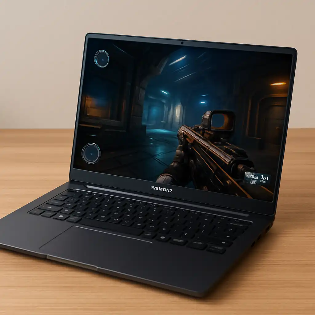 A high-resolution photo of a Samsung laptop on a wooden desk, displaying a vivid gaming scene on its screen, surrounded by a wireless mouse and headphones.