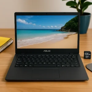 ASUS 14-inch FHD laptop displayed on wooden desk beside notebook and 64GB microSD card.