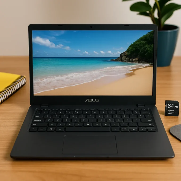 ASUS 14-inch FHD laptop displayed on wooden desk beside notebook and 64GB microSD card.