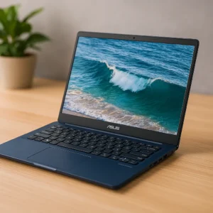 An ASUS 14-inch laptop with Full HD display shown on a wooden desk, screen displaying an ocean wallpaper, with a potted plant in the background.