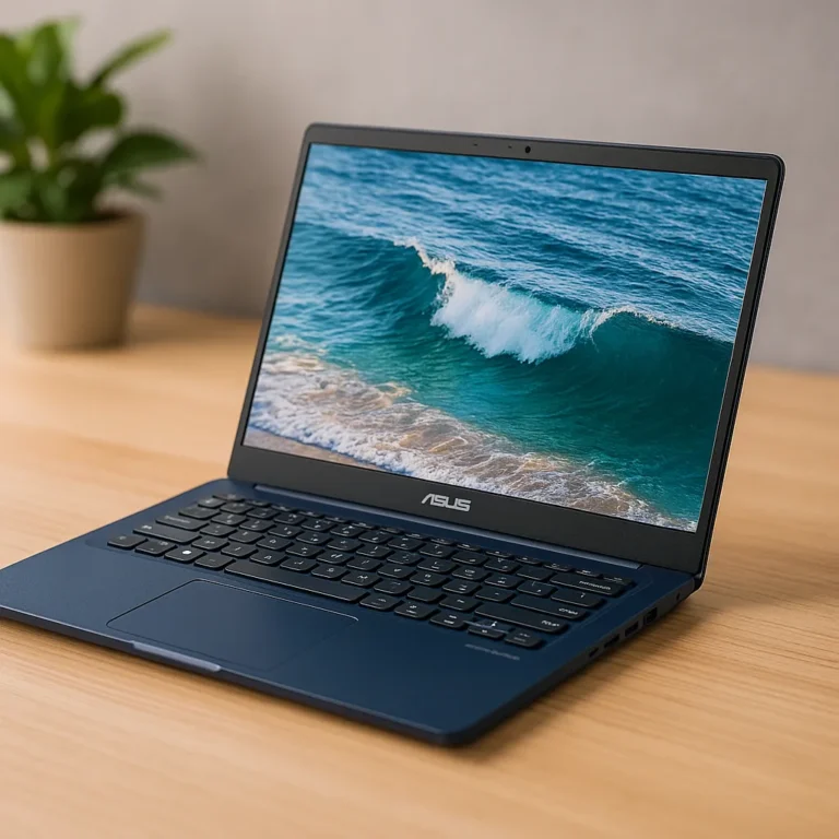 An ASUS 14-inch laptop with Full HD display shown on a wooden desk, screen displaying an ocean wallpaper, with a potted plant in the background.