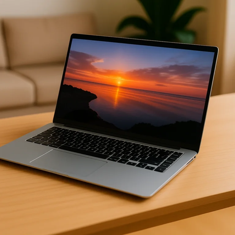 A modern ASUS Vivobook 15.6-inch laptop placed on a wooden desk, featuring a silver body, black backlit keyboard, and a vivid sunset displayed on its screen.