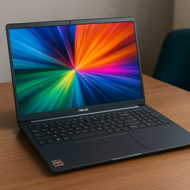 A sleek ASUS 15.6-inch laptop with AMD Ryzen 7 5800H, open on a wooden desk with soft ambient lighting, showcasing its modern design and full HD display.