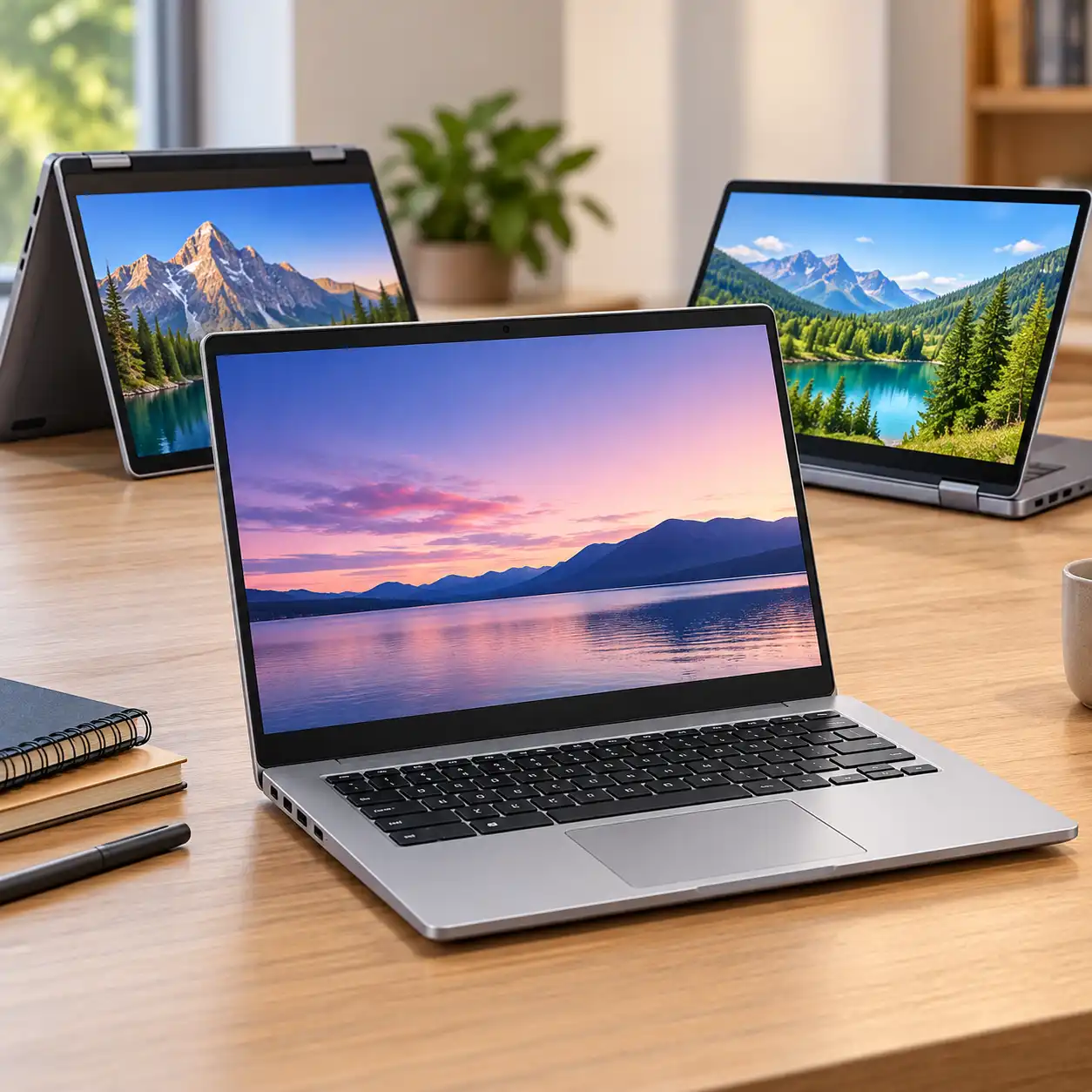 Three modern laptops displayed on a wooden desk with scenic mountain and lake wallpapers.