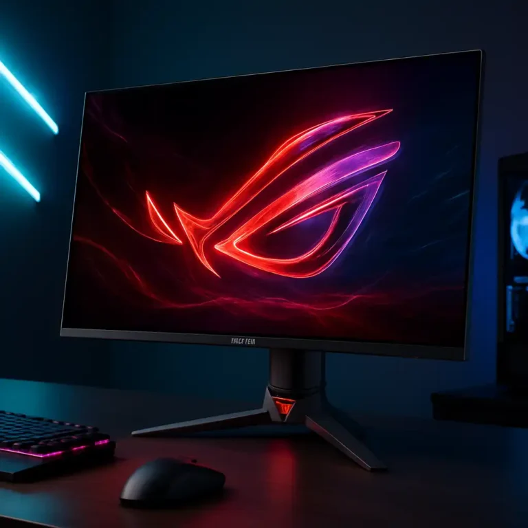 A high-performance ASUS ROG Swift 32-inch 4K OLED gaming monitor displayed on a stylish gaming setup with vivid screen colors and sleek design.