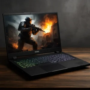 ASUS TUF Gaming laptop on a wooden desk, surrounded by gaming accessories, emphasizing its robust and high-performance design.