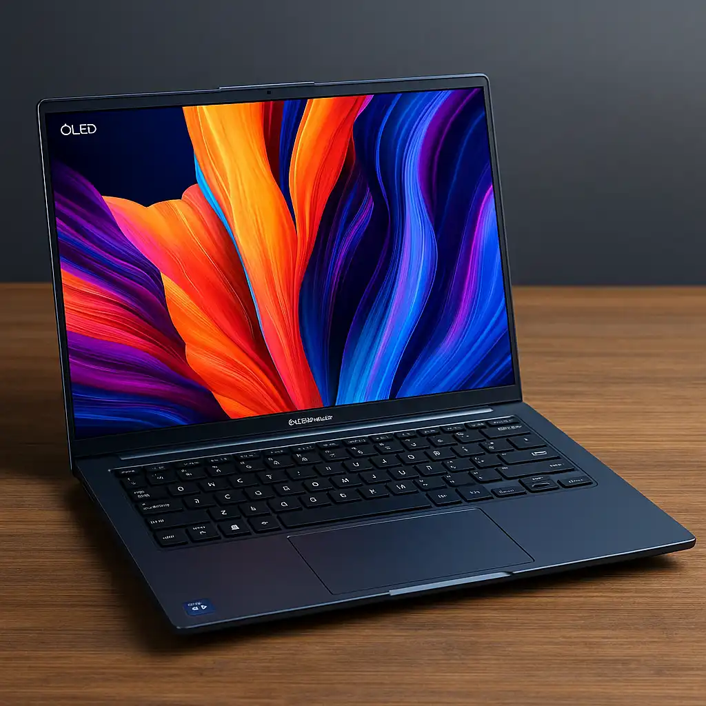 A modern ASUS Vivobook S14 laptop on a wooden desk, displaying a vibrant screen with sleek, thin bezels and a compact design.