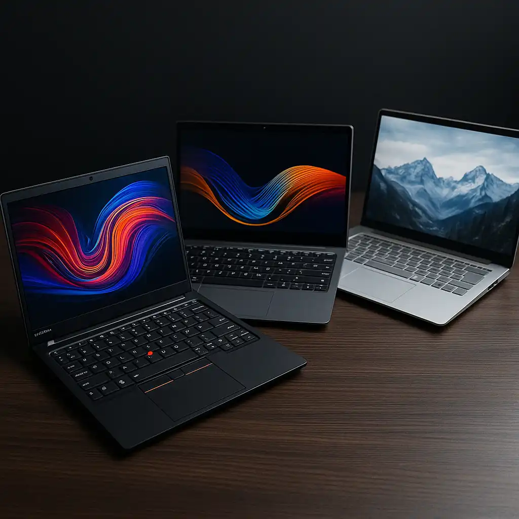Three modern laptops on a wooden surface, highlighting slim designs and vivid screens, ideal for gaming and productivity.