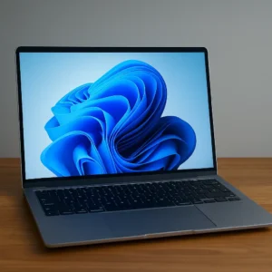 A digital photograph displays a sleek 13-inch silver laptop with a slim bezel and modern design, placed on a wooden surface.
