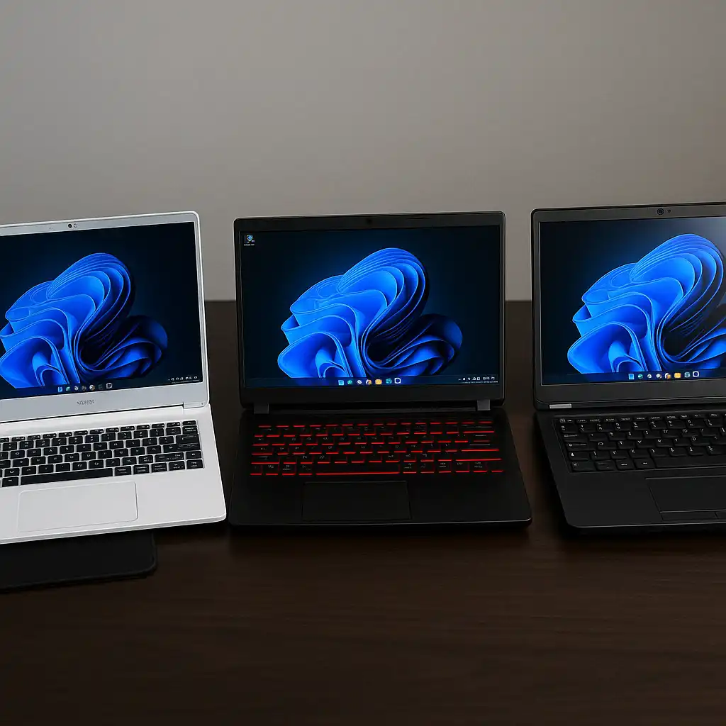 Three modern gaming laptops on a clean surface, highlighting their slim designs and illuminated keyboards.
