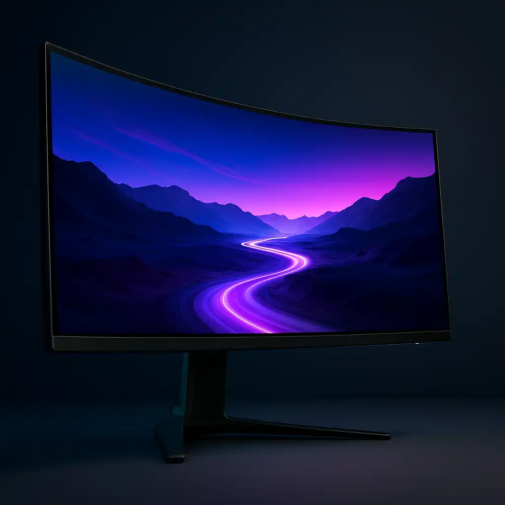 Modern curved 1440p gaming monitor on a sleek desk setup with ambient RGB lighting and high-resolution game visuals displayed.