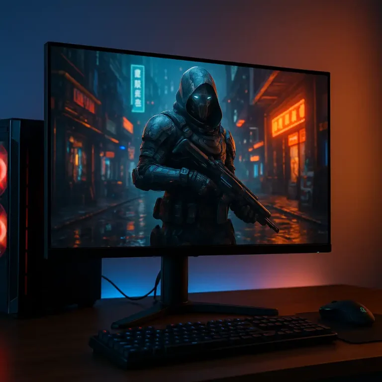A high-resolution digital photograph showcases a modern 27-inch 4K gaming monitor with vibrant visuals and a sleek ergonomic stand on a stylish desk setup.