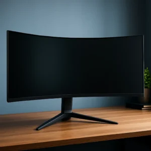Ultrawide 34-inch curved gaming monitor on a modern desk with dynamic lighting and a futuristic game scene displayed.