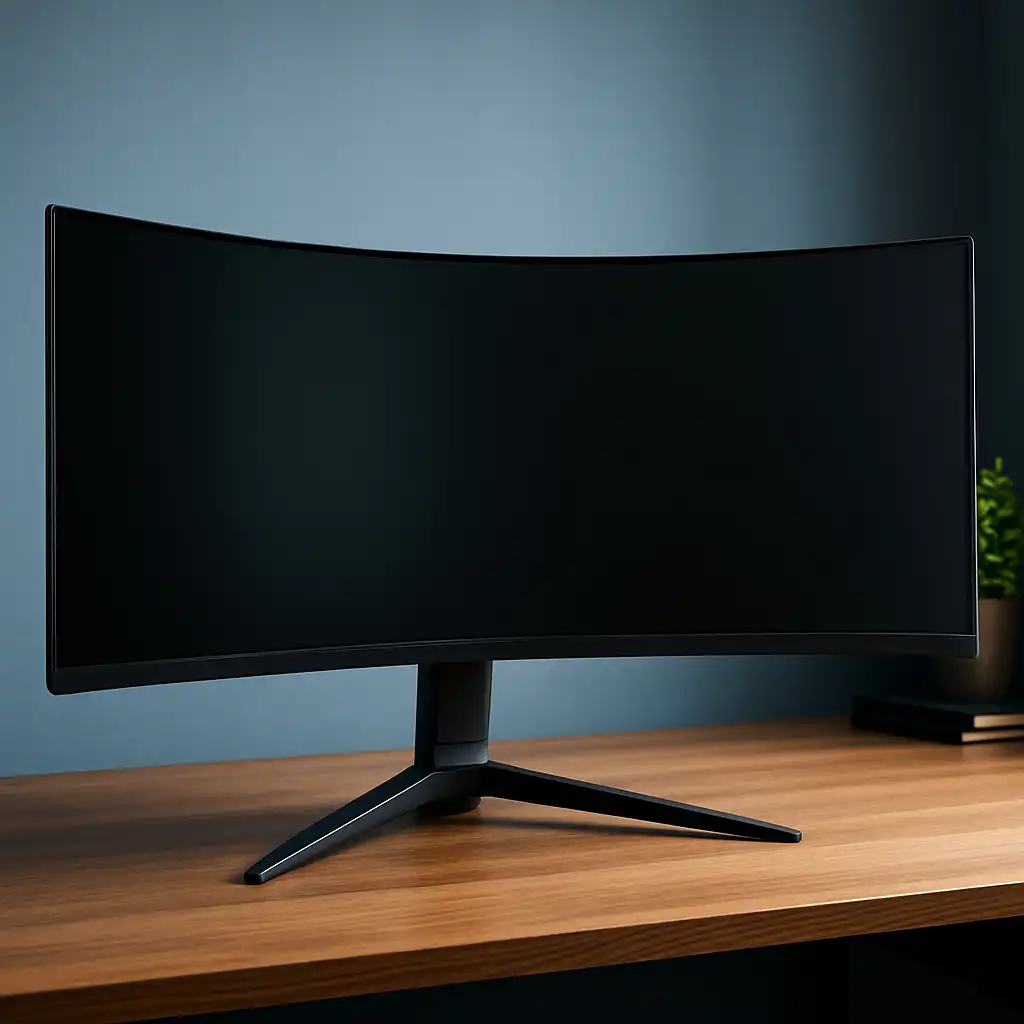 Ultrawide 34-inch curved gaming monitor on a modern desk with dynamic lighting and a futuristic game scene displayed.