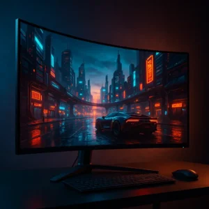 Curved widescreen gaming monitor on a desk displaying a futuristic cityscape with neon lights and a sleek sports car.