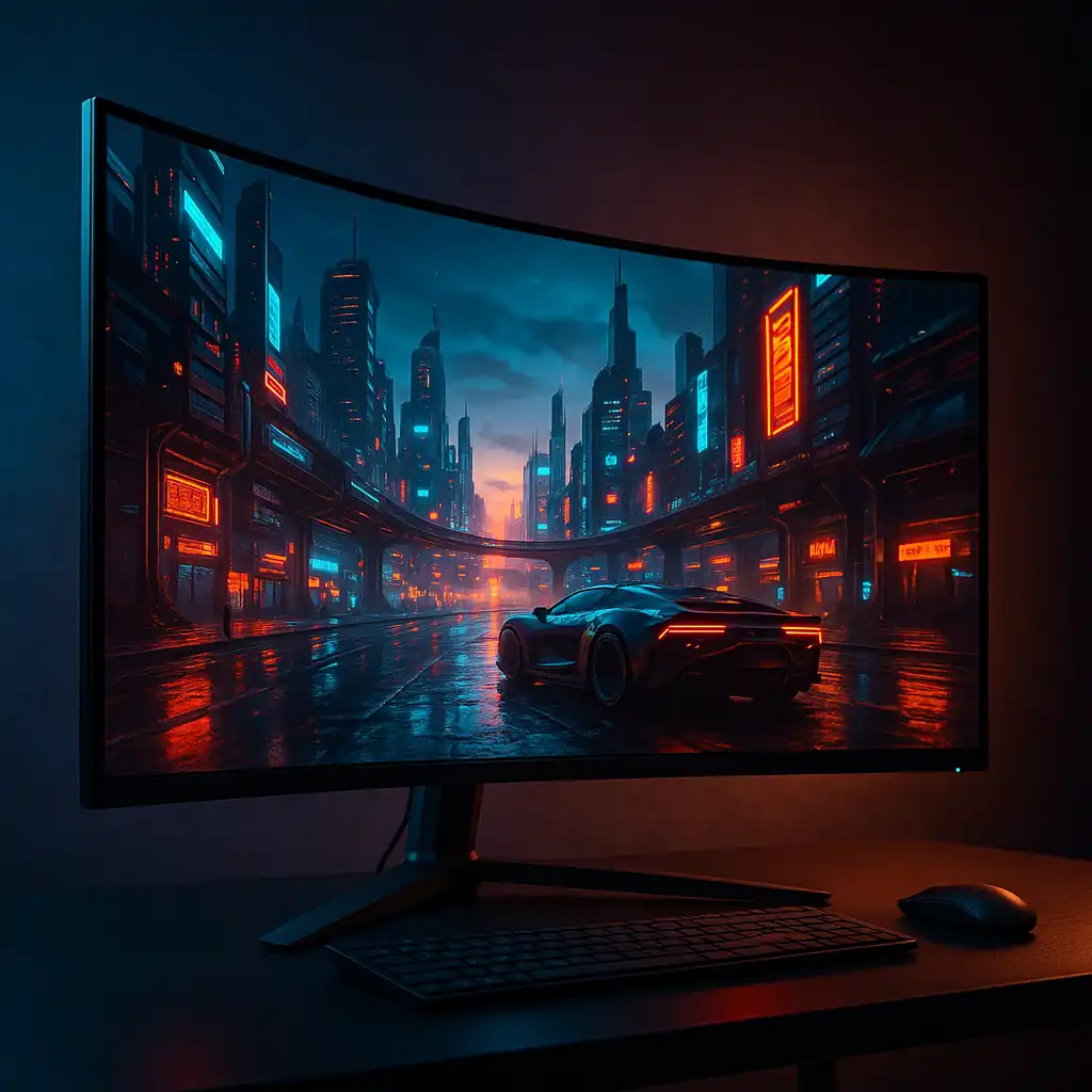 Curved widescreen gaming monitor on a desk displaying a futuristic cityscape with neon lights and a sleek sports car.