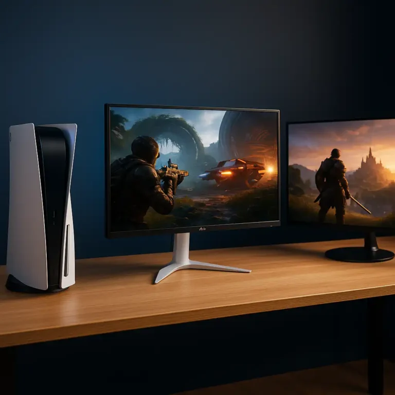 Three high-end 4K gaming monitors displayed on a stylish gaming desk setup