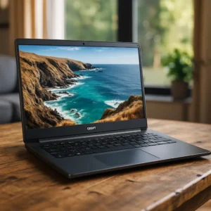 Acer Aspire laptop placed on a wooden desk, open and powered on with a bright display, next to a cup of coffee and notebook in a home workspace.
