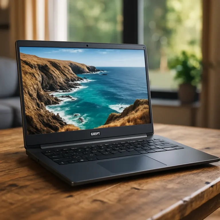 Acer Aspire laptop placed on a wooden desk, open and powered on with a bright display, next to a cup of coffee and notebook in a home workspace.