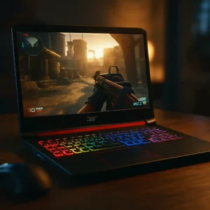 A high-resolution digital photograph showcases an Acer gaming laptop with a vibrant RGB backlit keyboard on a desk, accompanied by gaming accessories.