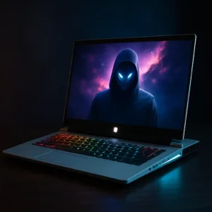 Alienware gaming laptop with RGB lighting and a futuristic design on a sleek desk.