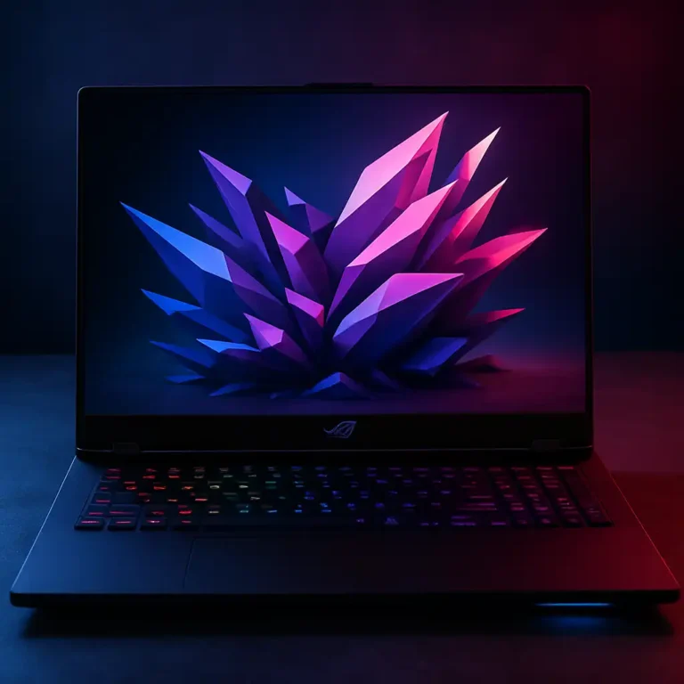 A digital photograph showcases an ASUS Republic of Gamers 17-inch gaming laptop with RGB keyboard and high-resolution screen on a futuristic desk setup.