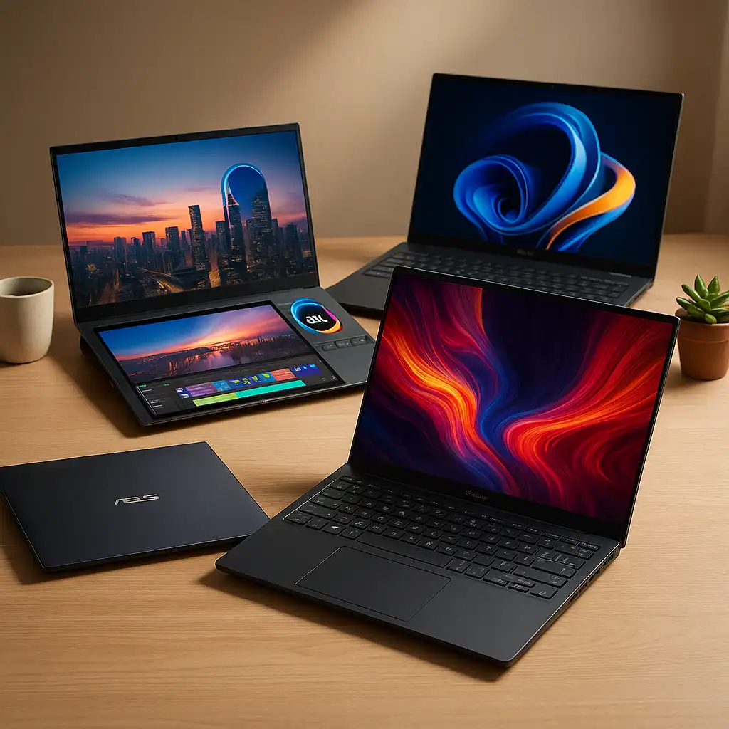 Three ASUS laptops with vivid 4K displays on a wooden desk, surrounded by a coffee mug and a small plant, in soft natural lighting.