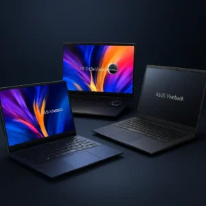 Three ASUS laptops displayed side by side on a clean desk setup, emphasizing their sleek and modern design.