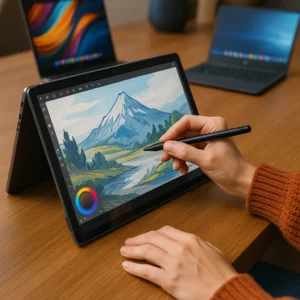 A 2-in-1 convertible laptop in tablet mode being used for digital drawing with a stylus on a wooden desk.