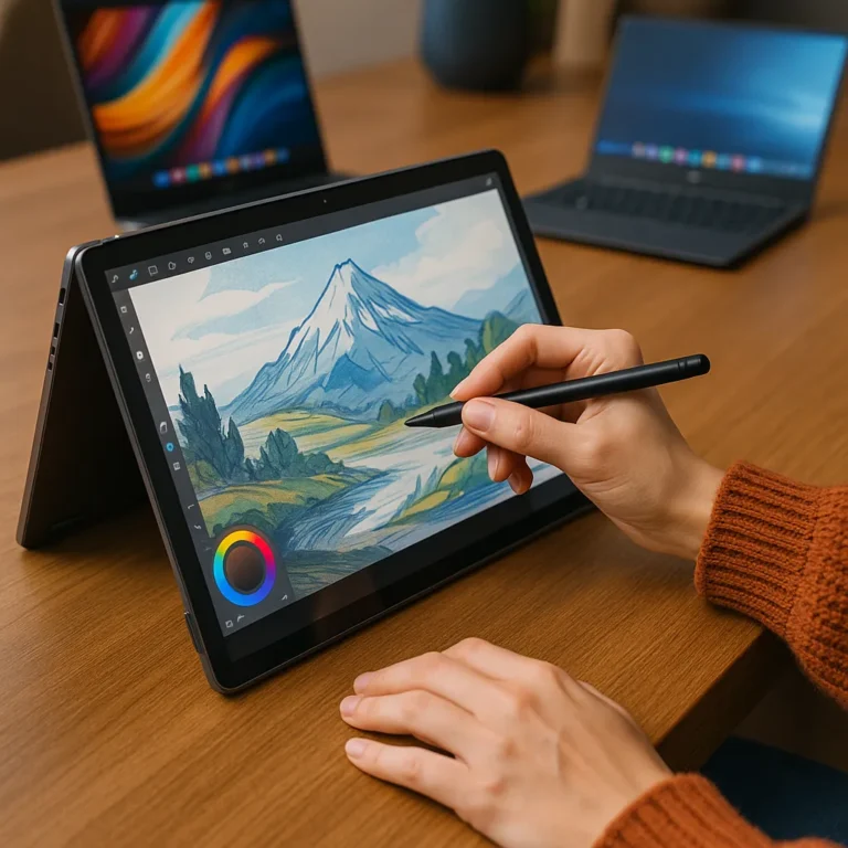 A 2-in-1 convertible laptop in tablet mode being used for digital drawing with a stylus on a wooden desk.