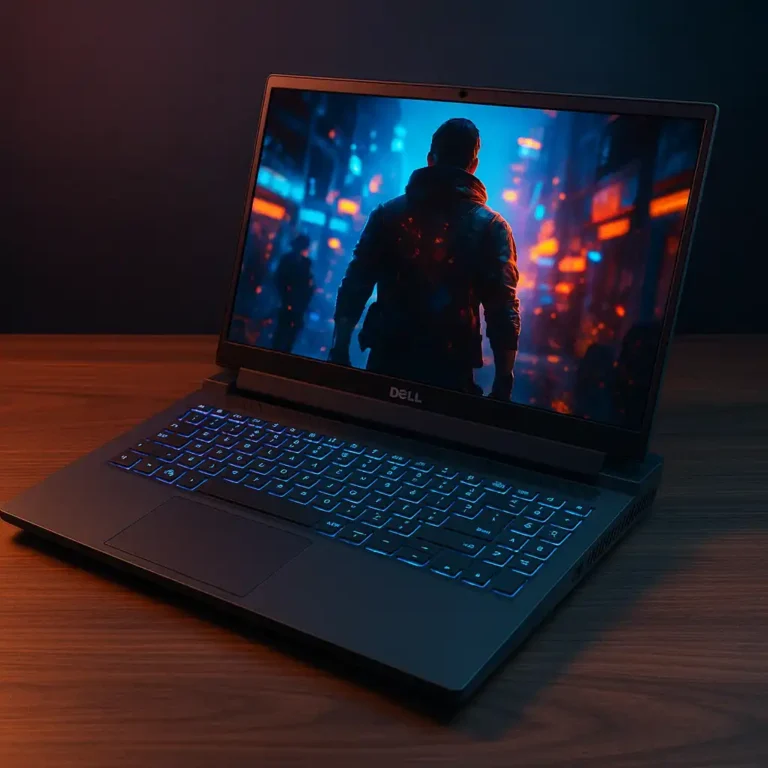 A digital photograph showcases a Dell gaming laptop on a sleek desk setup with ambient lighting in the background.