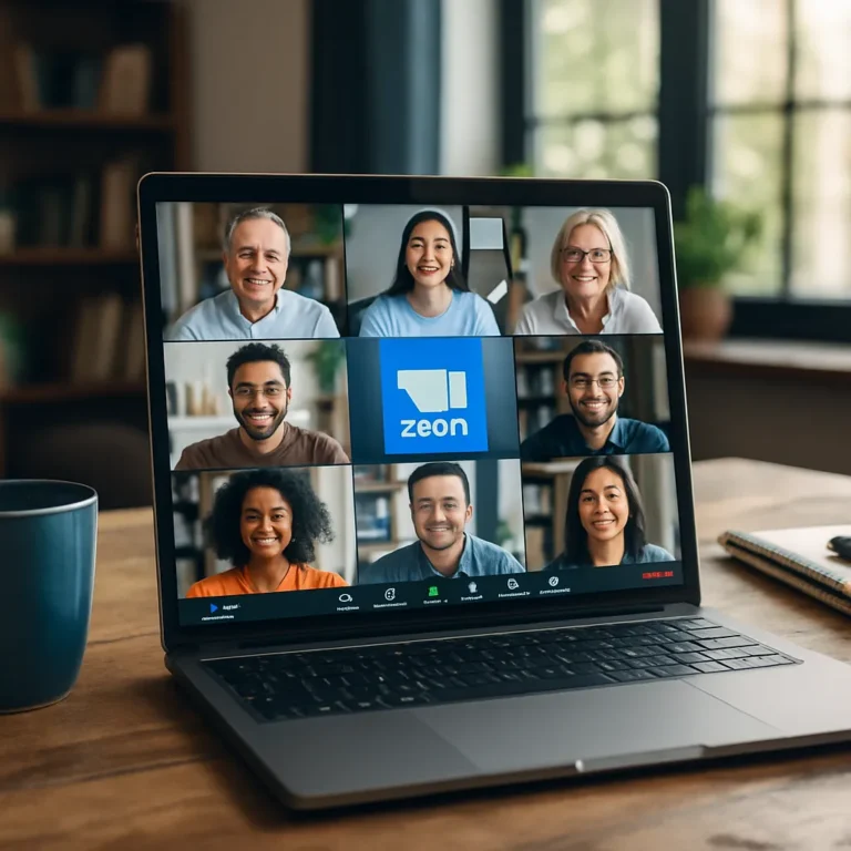 A modern Dell laptop displaying a Zoom video call with multiple participants, placed on a wooden desk in a bright, home-office setting.