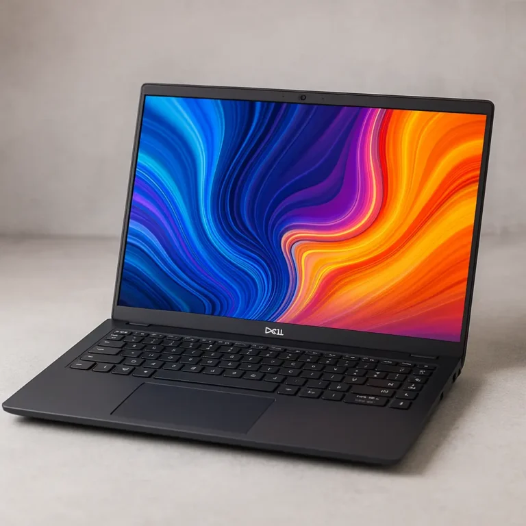 A digital photograph showcases an open Dell laptop on a light gray surface, with a colorful abstract swirl on the screen.