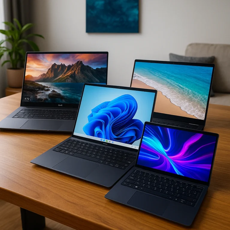 Three Dell laptops arranged on a wooden table, each with a vivid screen and natural lighting in a cozy indoor setting.