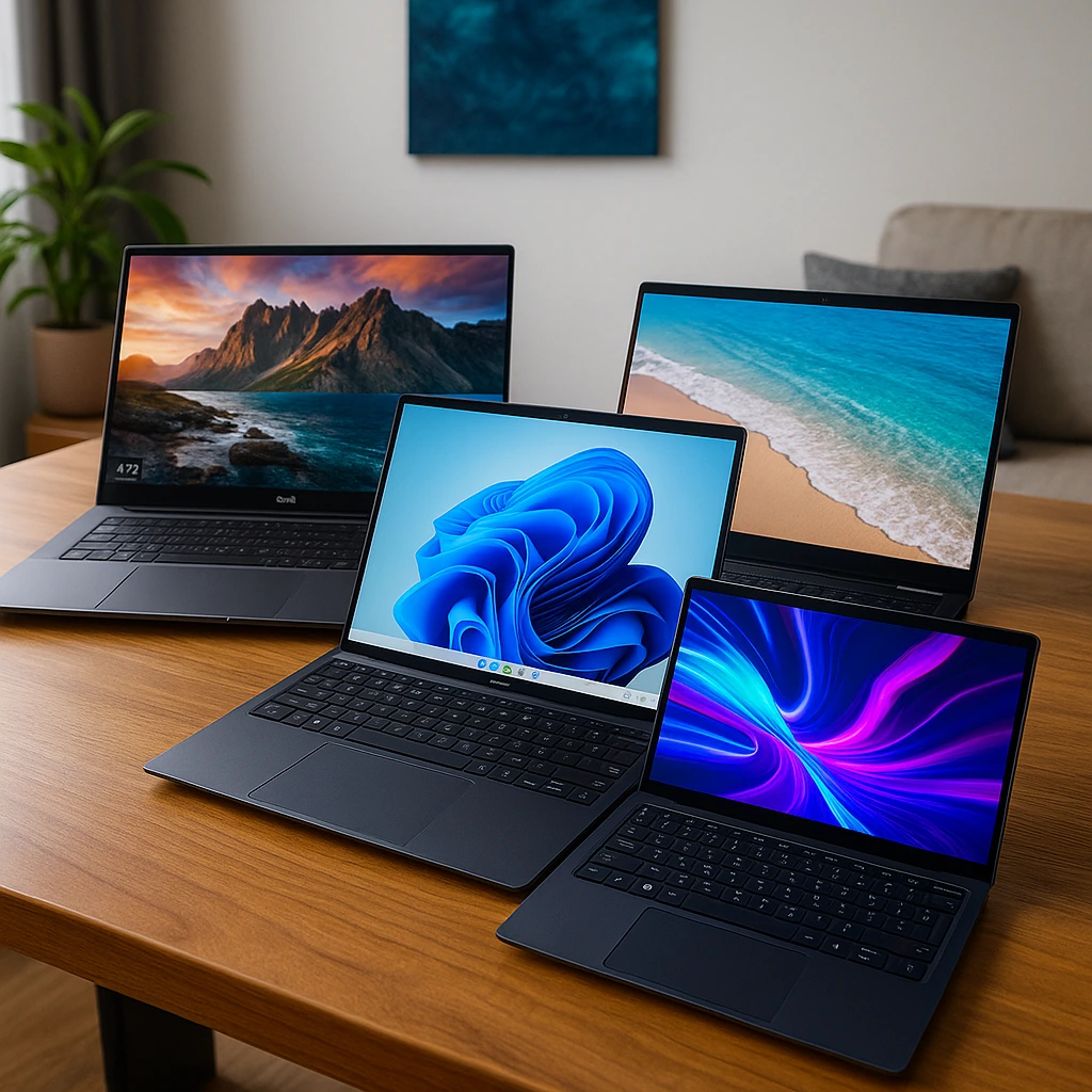 Three Dell laptops arranged on a wooden table, each with a vivid screen and natural lighting in a cozy indoor setting.
