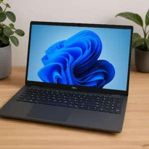 A Dell Latitude laptop with a 15.6-inch screen on a wooden desk, displaying a blue abstract wallpaper, surrounded by green plants.