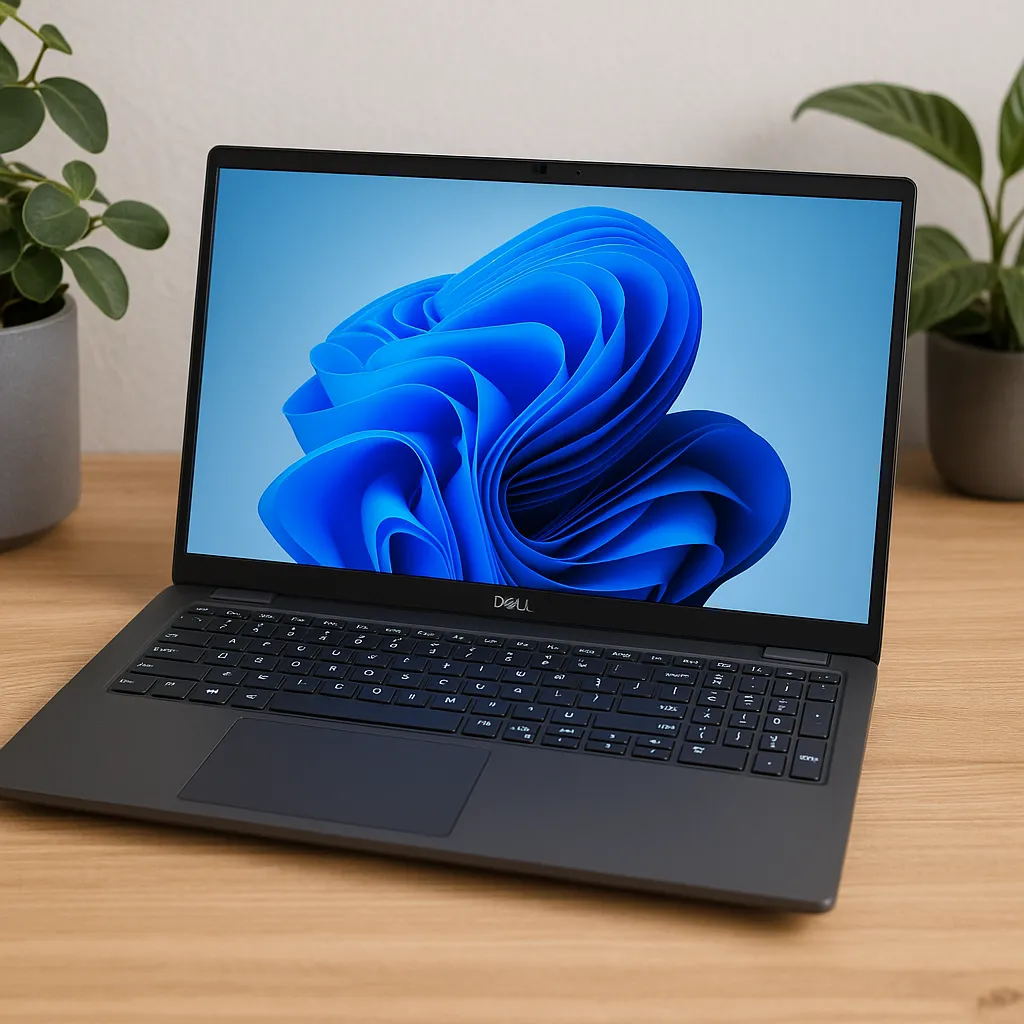 A Dell Latitude laptop with a 15.6-inch screen on a wooden desk, displaying a blue abstract wallpaper, surrounded by green plants.