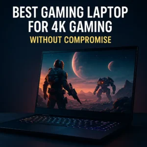 A high-end gaming laptop with an RGB keyboard displaying a 4K sci-fi game featuring two armored soldiers on an alien landscape with planets in the background.