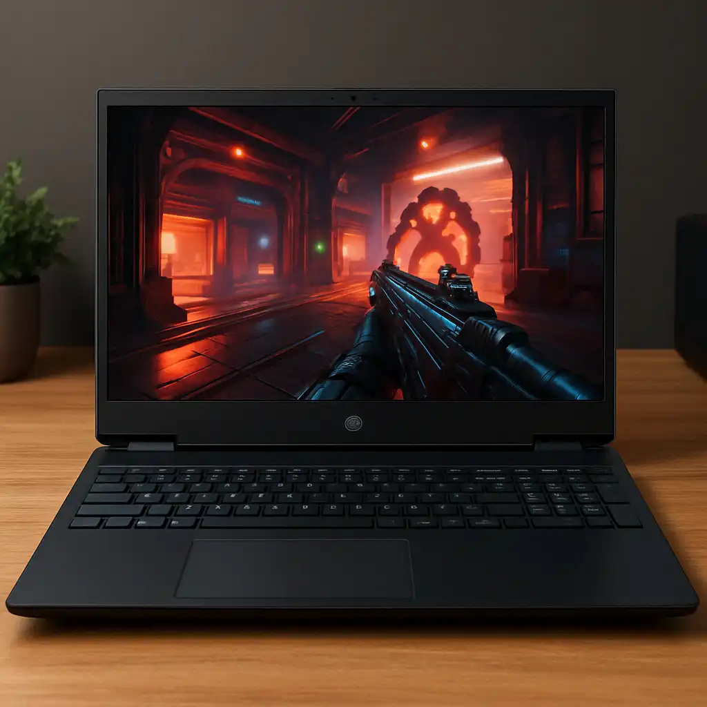 A black HP gaming laptop displayed on a wooden desk, showing a first-person shooter game with vivid red and orange lighting on its screen.
