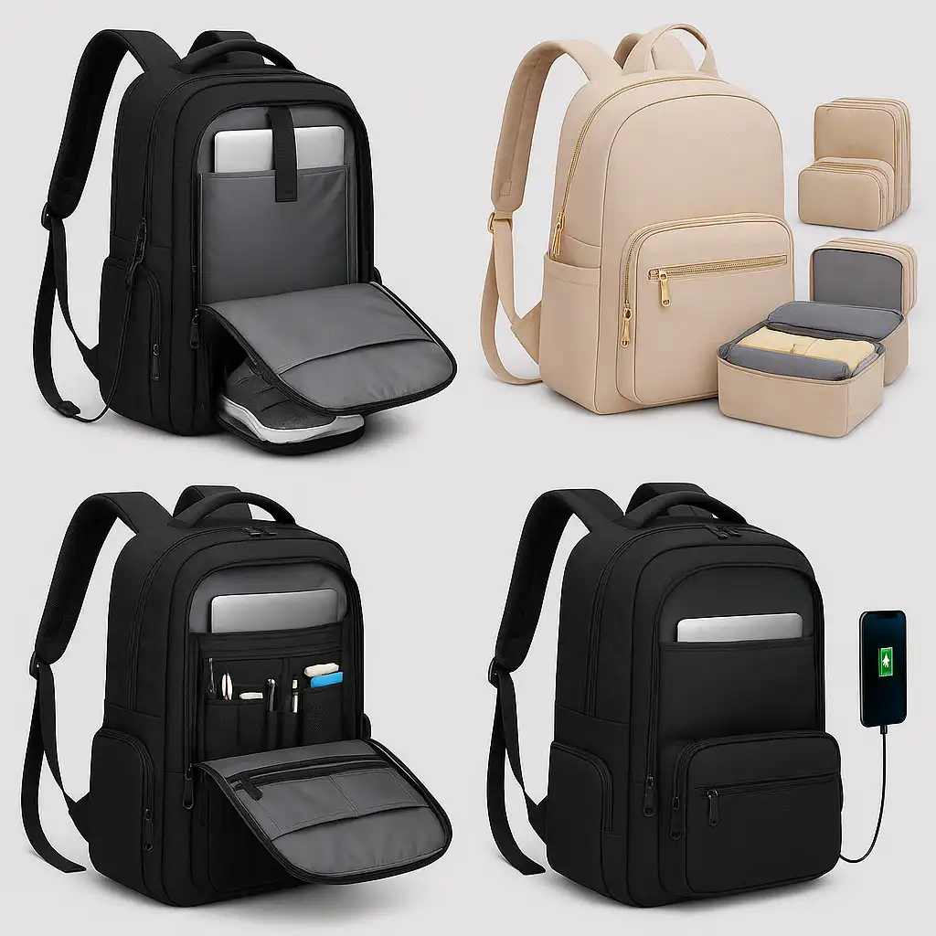 A digital photograph displays four modern travel backpacks designed for air travel, placed on a wooden surface near a bright window.