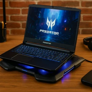 A digital photograph showcases an Acer Predator gaming laptop on a glowing blue LED cooling pad, placed on a wooden desk with a brick wall backdrop—ideal for high-performance gaming setups.